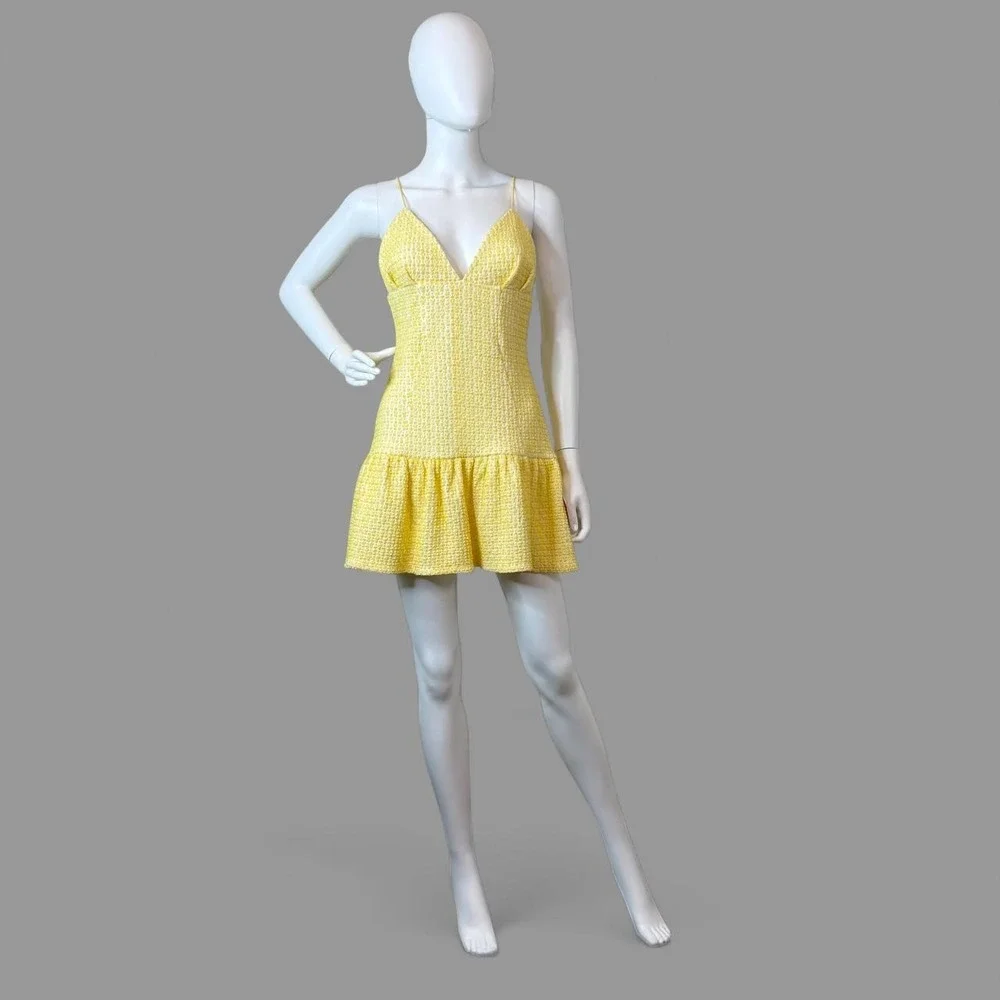 ASOS DESIGN Yellow Textured Boucle V-Neck Ruffle Mini Dress Cami Straps Sz 6